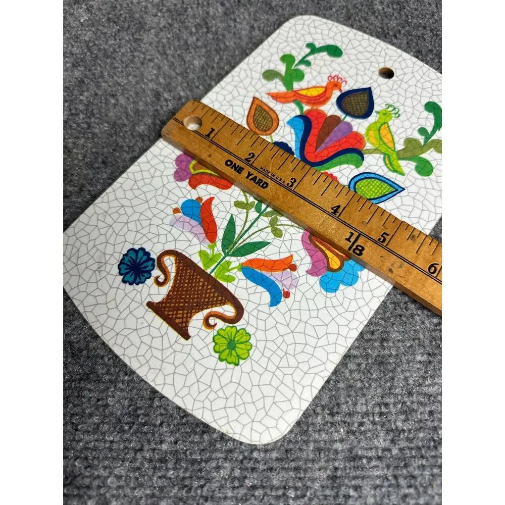 Vintage MCM folk art cutting board 9” snack tray charcuterie birds kitchen decor